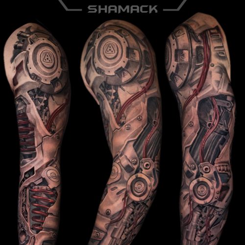 Biomechanical-realistic-3d-zbrush-fullsleeve-arm-Black-and-grey-tattoo-Shamack-Inkden