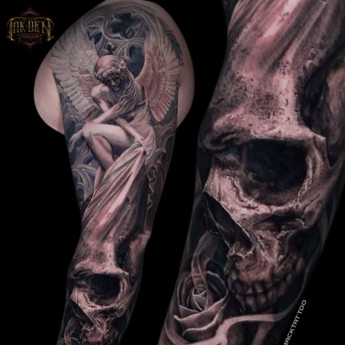 Skull-angel-sleeve-realism-shamack-inkden-tattoo-Blackpool
