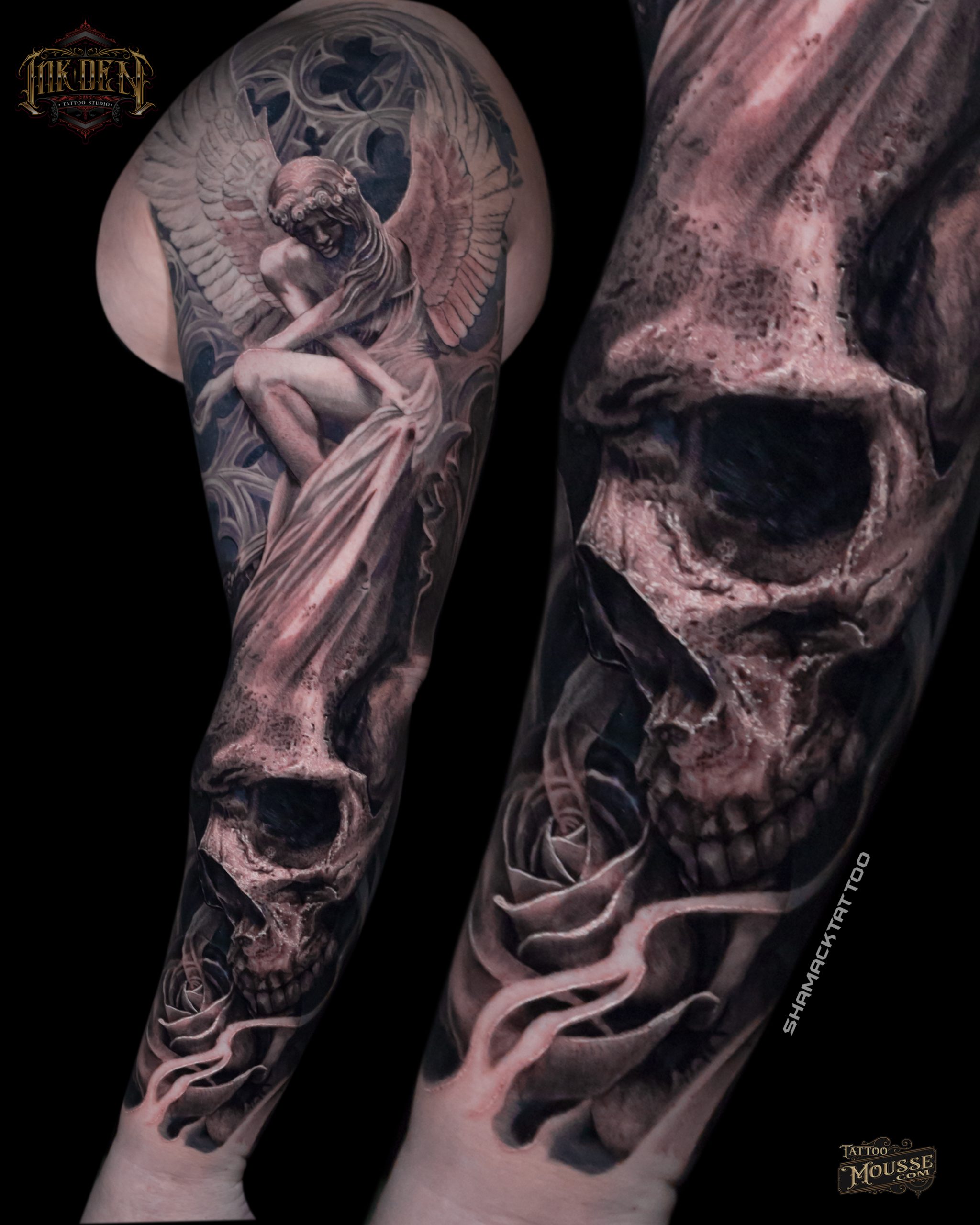 Skull-angel-sleeve-realism-shamack-inkden-tattoo-Blackpool
