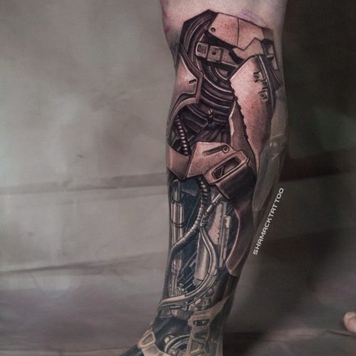 bio-mechanical-cyborg-leg-sleeve-outside-shamack-inkden-tattoo-Blackpool