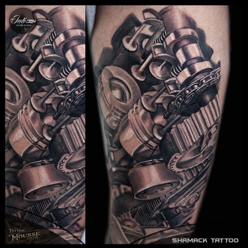 biomechaniacal black and gray tigh tattoo Done at Inkden Tattoo Studio by Shamack Malachowski Blackpool best shop and Tattoo Mousse
