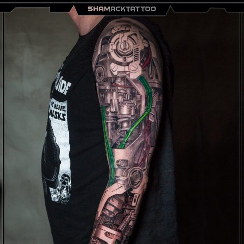 biomechanical-leg-sleeve-Green-left-1-mechanical-Shamack-inkden-tattoo