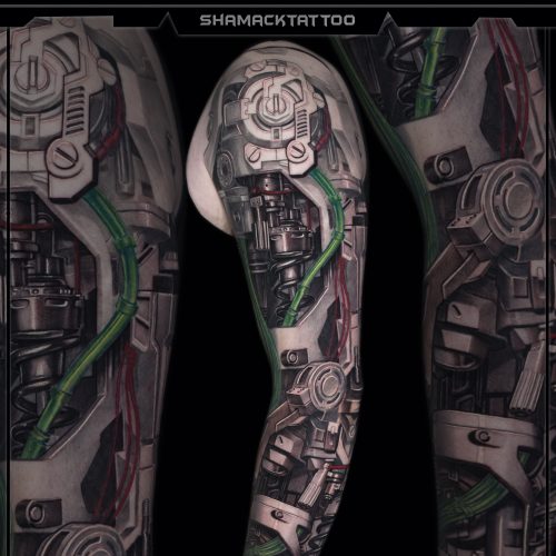 biomechanical-leg-sleeve-Green-left-12-mechanical-Shamack-inkden-tattoo
