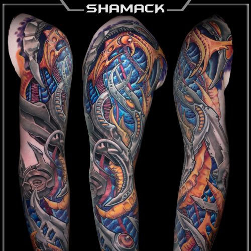 biomechanical- organic- sleeve- colour- tattoo-Shamack-Inkden
