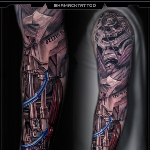 biomechanical-red-blue-realistic-3d-sleeve-Shamack-tattoo-Inkden