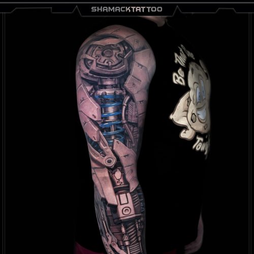 biomechanical-sleeve-arm-red-blue-realistic-3d-01-sleeve-Shamack-tattoo-Inkden