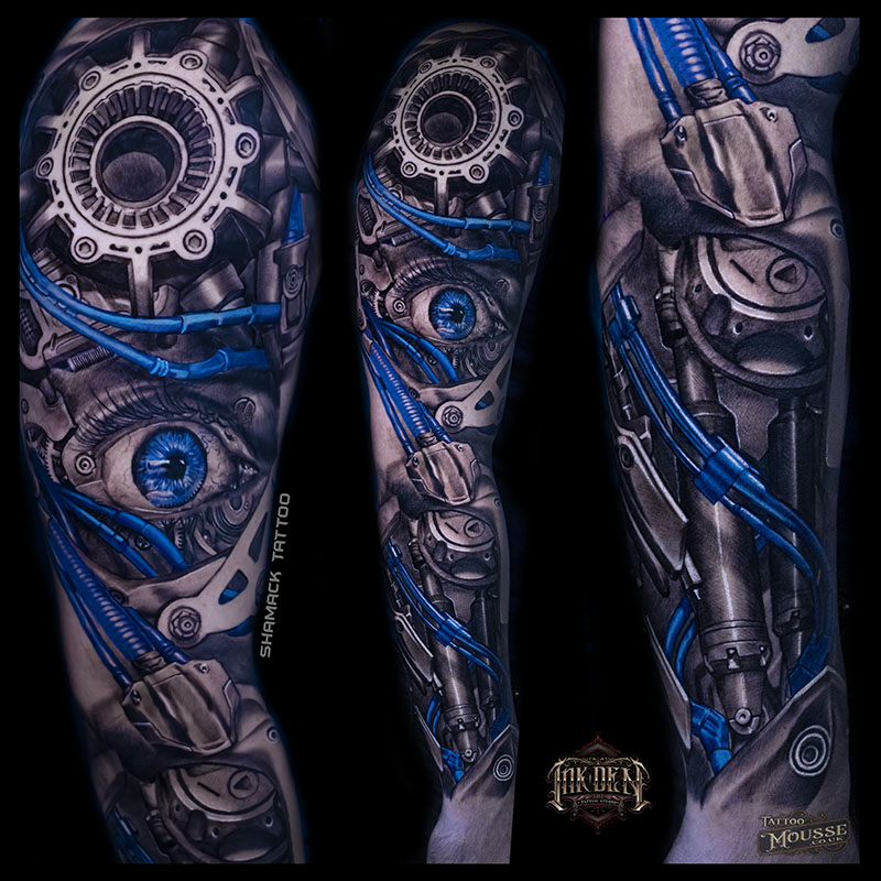 Biomechanical sleeve with blue armor by EL Tattoo an artist based in  Moscow Russia  Biomechanical tattoo Cyborg tattoo Cyberpunk tattoo