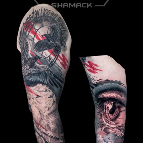 blackbirds-lion-rose-eye-sleeve-cober-uppolka-trasg-Black-and-grey-tattoo-Shamack-Inkden