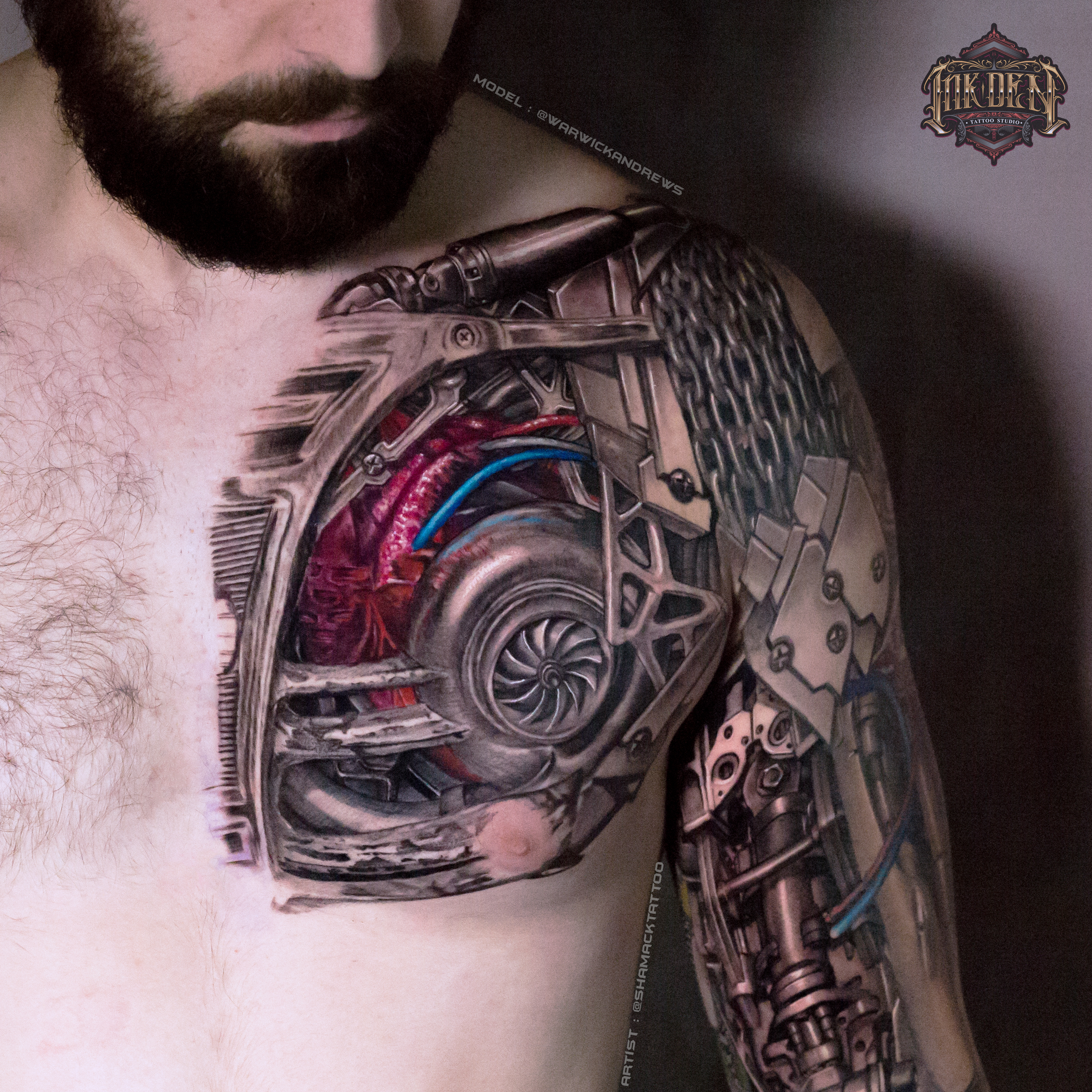 Amazing Grey Realistic Biomechanical Tattoo On Chest To Arm By Skink28