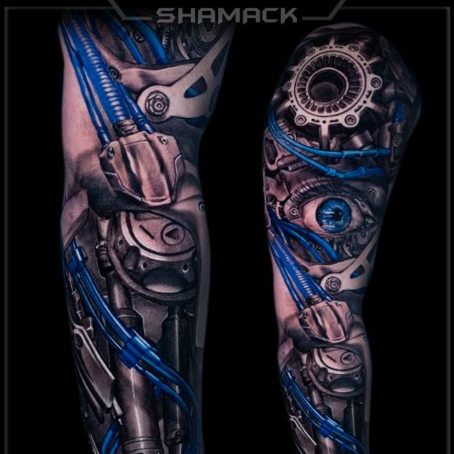 eye-blue-sleeve-realism-3d-Black-and-grey-cyber-biomechanical-tattoo-Shamack-Inkden
