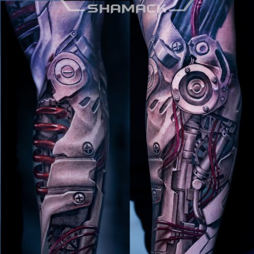 forearm-zbrush-Black-and-grey-cyber-biomechanical-tattoo-Shamack-Inkden