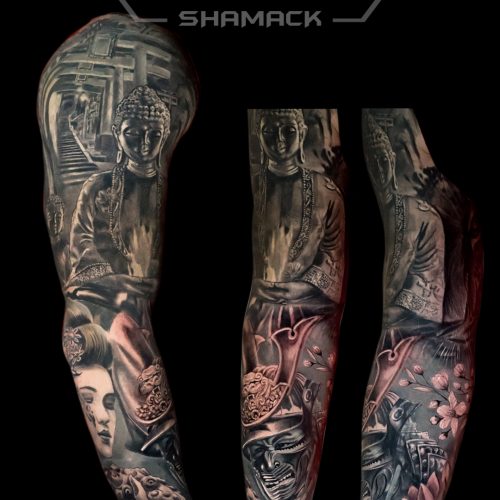 japanise-full-sleeve-cover-up-arm-Black-and-grey-tattoo-Shamack-Inkden