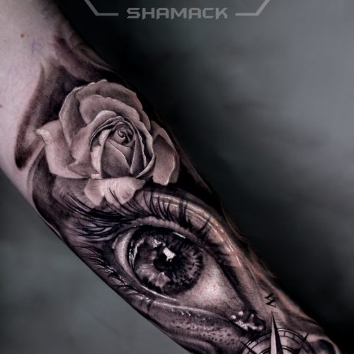 realistic-eye-rose-compass-forearm-Black-and-grey-tattoo-Shamack-Inkden