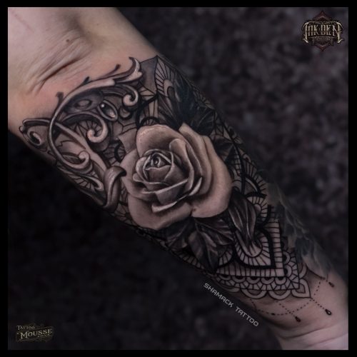 rose with pattern tattoo done by Shamack at Inkden Tattoo Studio tattooist and best tattoo Shop in Blackpool