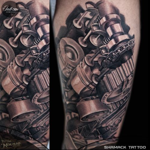 Creative Human Heart Made With Car Parts With Turbo Tattoo On Shoulder