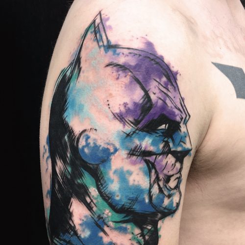 Batman-watercolor-polka-trash-chris-Strach-inkden-tattoo-Blackpool