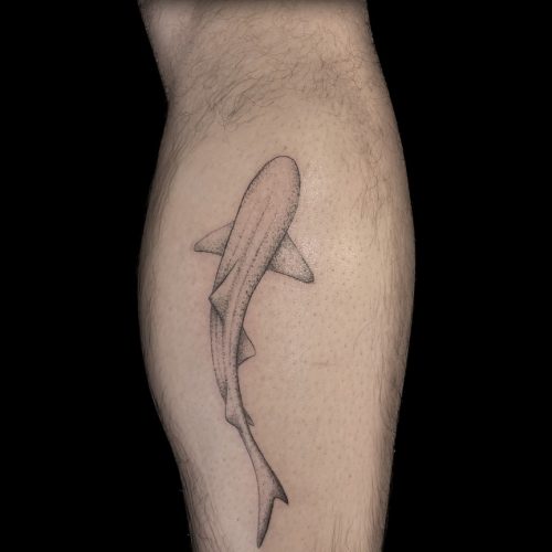 adrianna-urban-shark-dotwork-blackwork-calf-tattoo-inkden-tattoo-studio-blackpool