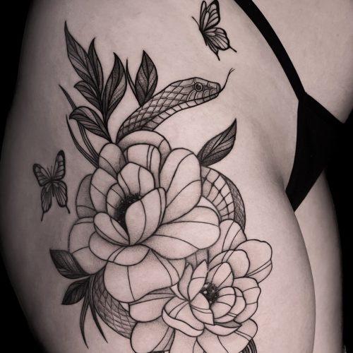 adrianna-urban-snake-flowers-butterfly-thigh-tattoo-linework-inkden-tattoo-studio-blackpool