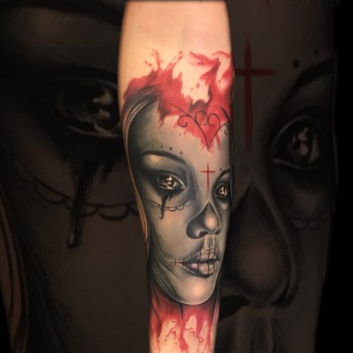 female-face-day-of-the-dead-tattoo-colour-chris-Strach-inkden-tattoo-Blackpool
