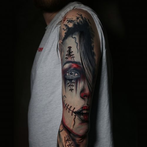 female-face-voodoo-tattoo-colour-chris-Strach-inkden-tattoo-Blackpool