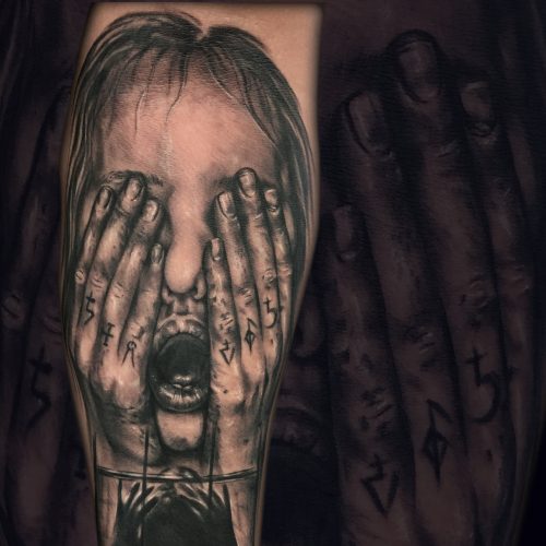 girl-covering-face-black-and-grey-chris-Strach-inkden-tattoo-Blackpool