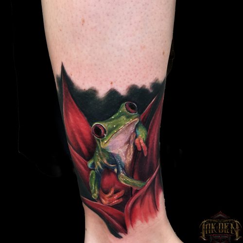 green-tree-frog-colour-chris-Strach-inkden-tattoo-Blackpool