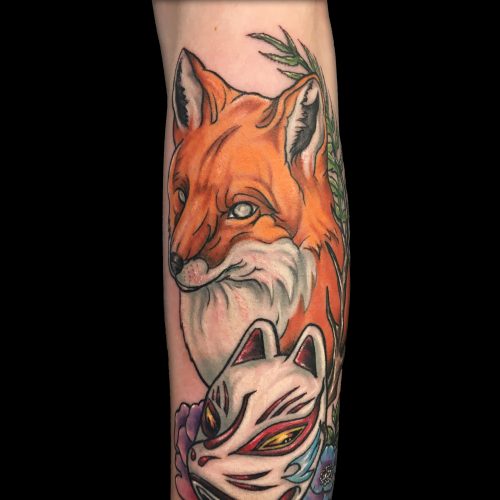kitsune-mask-fox-neo-trad-colour-chris-Strach-inkden-tattoo-Blackpool