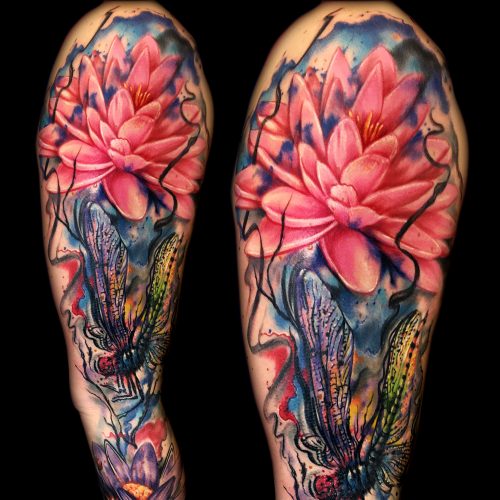 lily-flowers-watercolour-dragonfly-chris-Strach-inkden-tattoo-Blackpool