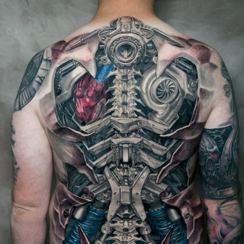 Biomechanical-back-piece-realistic-3d-zbrush-fullsleeve-arm-Black-and-grey-tattoo-Shamack-Inkden