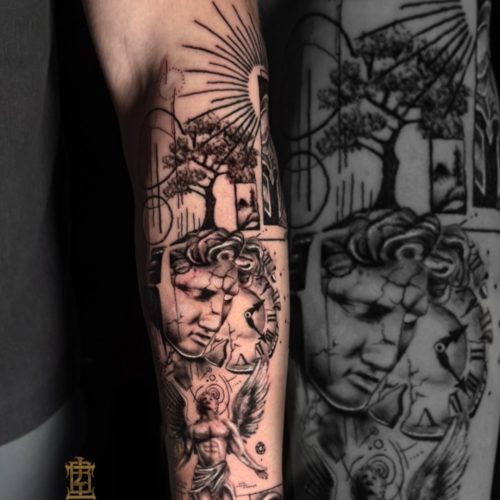Clock-face-geometric-tree-greek-state-black-and-gray-realism-tattoo-forearm-Blackpool-tattoo-artist-luke-Inkden