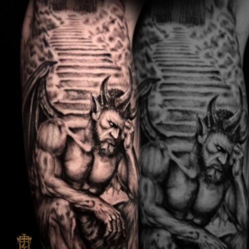 Demon-dark-style-black-and-gray-realism-tattoo-forearm-Blackpool-tattoo-artist-luke-Inkden