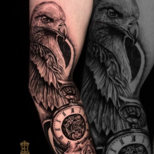 Eagle-bird-pocket-watch-black-and-gray-realism-tattoo-forearm-Blackpool-tattoo-artist-luke-Inkden