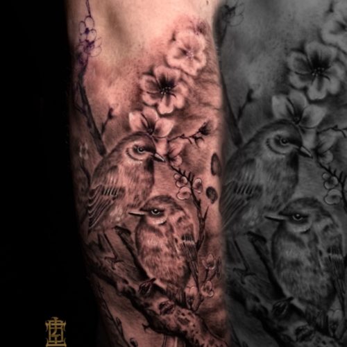 Floral-birds-black-and-gray-realism-branchs-tattoo-forearm-Blackpool-tattoo-artist-luke-Inkden