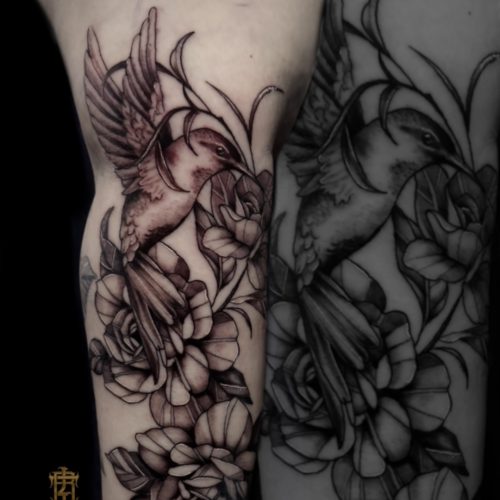 Flower-bird-black-and-gray-realism-flower-tattoo-forearm-Blackpool-tattoo-artist-luke-Inkden
