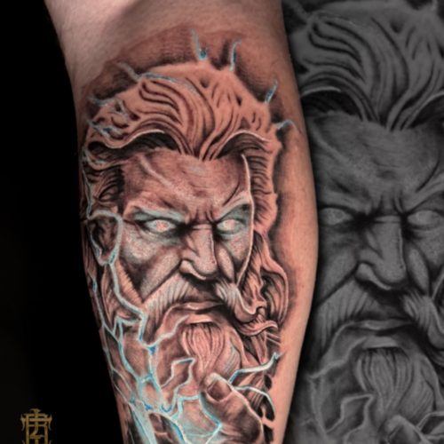 Greek-blackandgray-realism-colour-lightning-calf-tattoo-artist-Luke-Blackpool-Inkden
