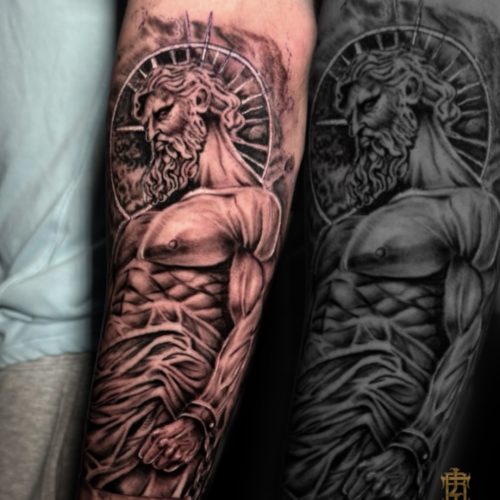 Greek-god-statue-black-and-gray-realism-tattoo-forearm-Blackpool-tattoo-artist-luke-Inkden