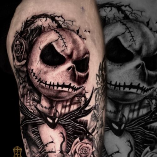 Jack-skeleton-black-and-gray-realism-horror-Tim-burton-rose-realism-Blackpool-inkden-tattoo-artist-Luke