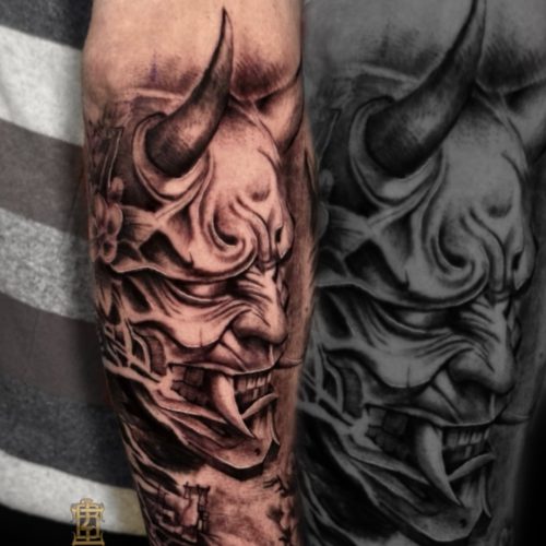 Japanese-Hannya-mask-black-and-gray-realism-tattoo-forearm-Blackpool-tattoo-artist-luke-Inkden