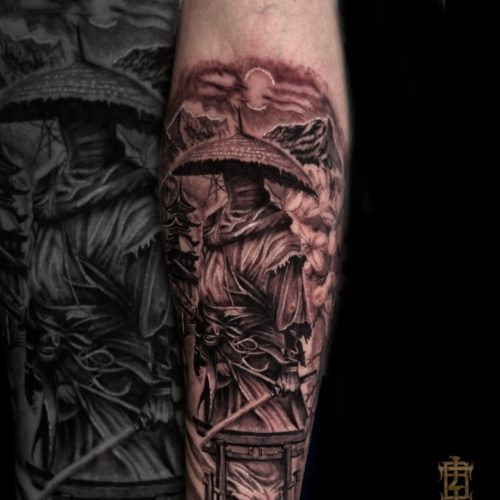 Japanese-Samurai-warrior-blackandgray-forearm-flowers-temple-artist-Luke-inkden-blackpool