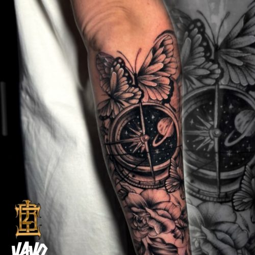 compass-butterfly-planet-floral-design-blackandgrey-lowerarm