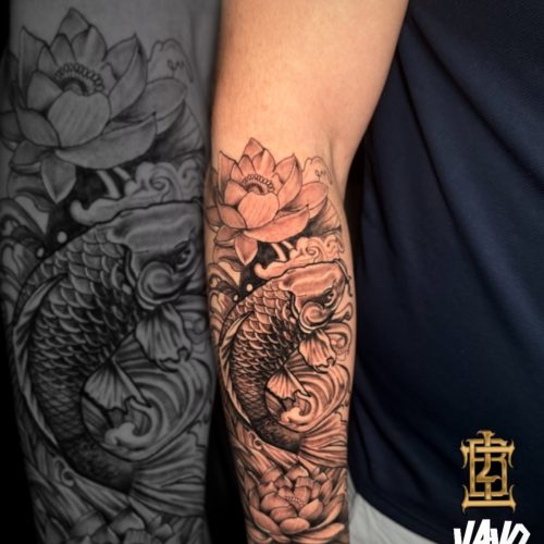 koi-japanese-lotus-flower-fish-blackandgrey-lowerarm-Luke-Tattoo-Inkden-Blackpool